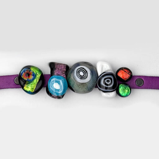 Dichroic slider bracelet with purple leather band